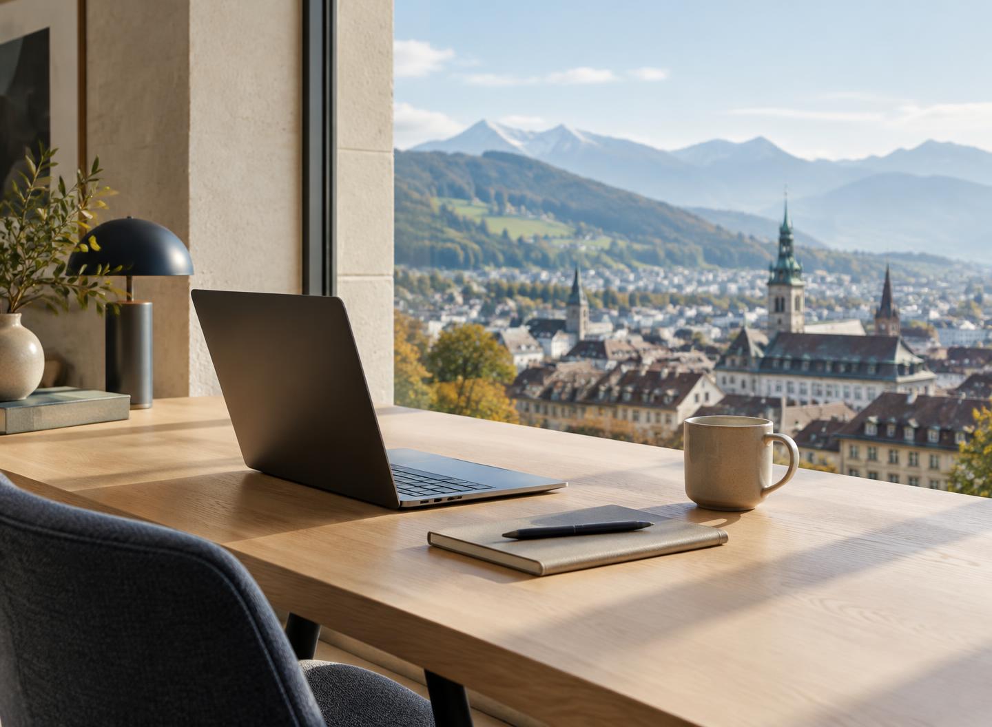 Ruhiger Arbeitsplatz mit Blick auf eine Schweizer Stadt und die Berge